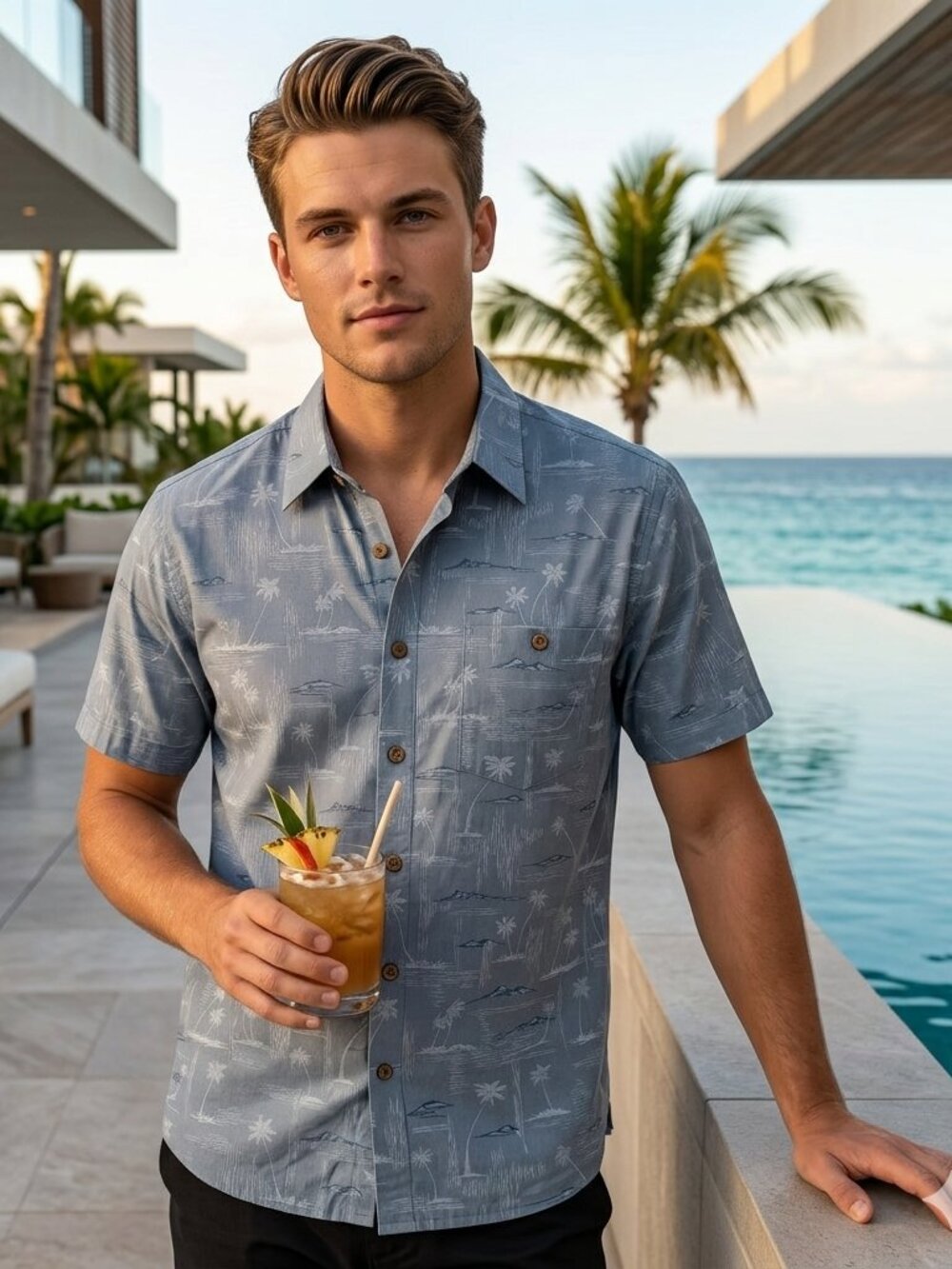 NWOT Moda Campia Men Small Button Aloha Shirt Gray Pocket Cotton S/S Resort Wear